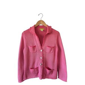 SIGRID OLSEN Pink Fringe Trim Cotton Blend Cardigan Sweater Small Cottagecore
